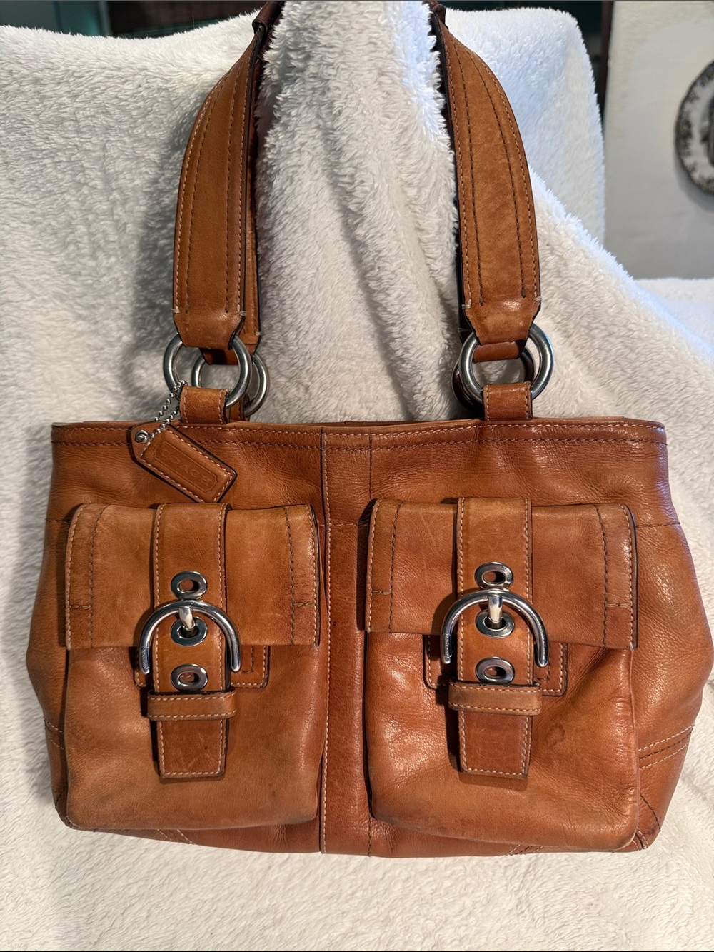 Vintage Coach SoHo Brown Leather Dual Pocket Shoulder Bag with Silver Hardware